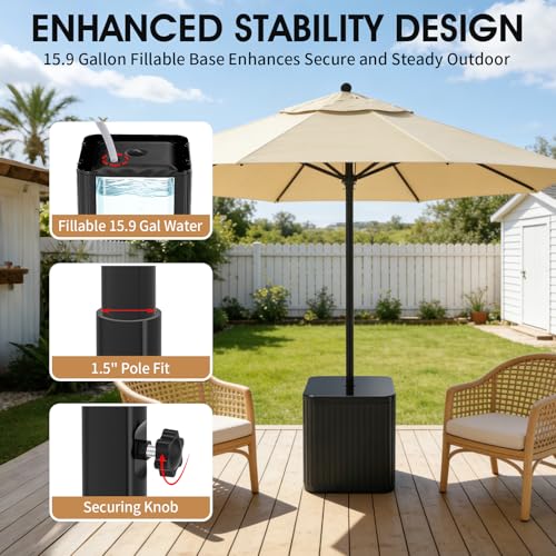 BoYata Outdoor Umbrella Side Table, 2-in-1 Outdoor Side Table with Umbrella Hole, 15.9 Gallon Fillable Umbrella Stand Base, Fit Up to 1.5" Pole, Square Patio Side Table for Poolside, Deck, Matte Black