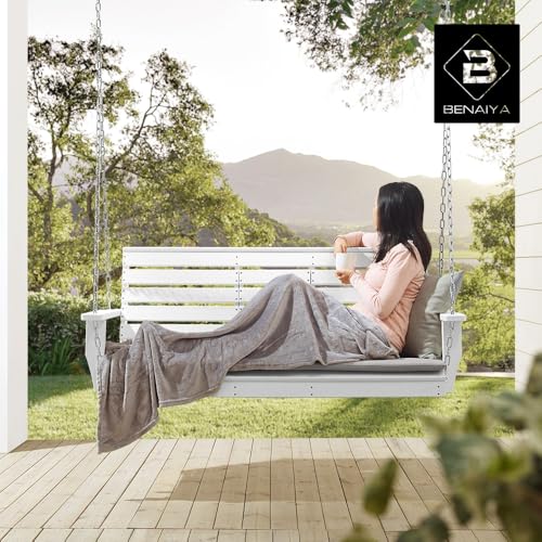 BENAIYA Heavy Duty Poly Lumber HDPE Porch Swing with Mounting Kit and Accessories Outdoor Hanging Chair with Cup Holders Swinging Bench for Patios, Backyard Poly Wooden Seating, Sturdy Steel Chains