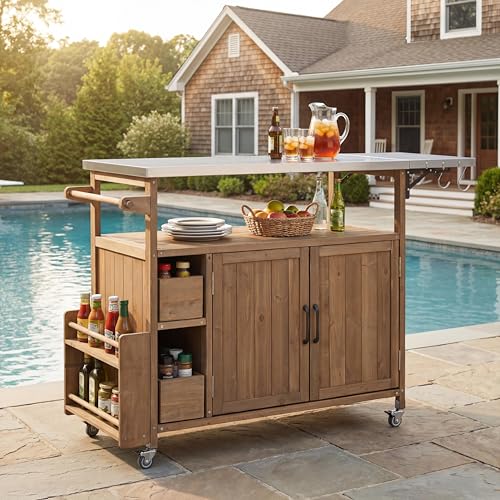 Christopher Knight Home Edsel Outdoor Bar Cart with Stainless Steel Top and Lockable Wheels, Solid Wood Outdoor Storage Cabinet, Kitchen Island Serving Cart for Poolside, Garden, Natural Brown+Silver