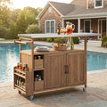 Christopher Knight Home Edsel Outdoor Bar Cart with Stainless Steel Top and Lockable Wheels, Solid Wood Outdoor Storage Cabinet, Kitchen Island Serving Cart for Poolside, Garden, Natural Brown+Silver