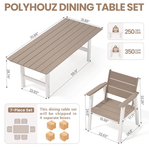 Polyhouz Outdoor Dining Set,7-Piece Patio Table and Chairs Set for 6, HDPE Outdoor Dining Table and Chairs with Umbrella Hole, All-Weather Patio Dining Furniture Set,White Brown