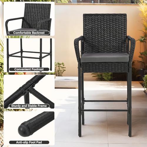 ECOTOUGE Patio Wicker Barstools Set of 4, Rattan Outdoor Bar Height Chairs with Armrest, Soft Cushion, Footrests, All-Weather Furniture for Backyard, Pool, Garden, Black