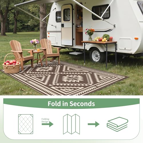 GENIMO Outdoor Rug for Patio Clearance - 9x12 ft Waterproof Plastic Camping Rugs, Reversible Outside Rv Mat Carpet for Porch, Deck, Picnic, Balcony, Beach, Backyard, Coffee Beige