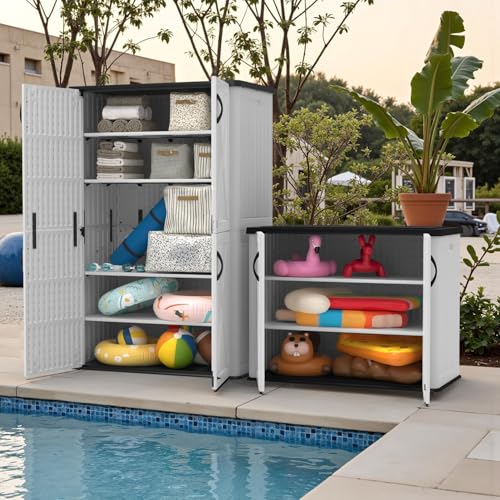 Devoko 26 Cu Ft Plastic Outdoor Storage Shed, Horizontal Resin Storage Cabinet with Lockable Door, Water-Resistant Backyard Storage Box for Garden Patio, White, Shelf Not Included