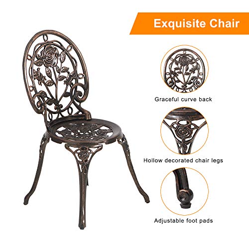 HOMEFUN Bistro Table and Chairs Set of 2 Outdoor 3 Piece Patio Set, Rose Pattern Cast Aluminum Bistro for Garden Balcony, Durable Rust All-Weather Resistance, Rose Bronze