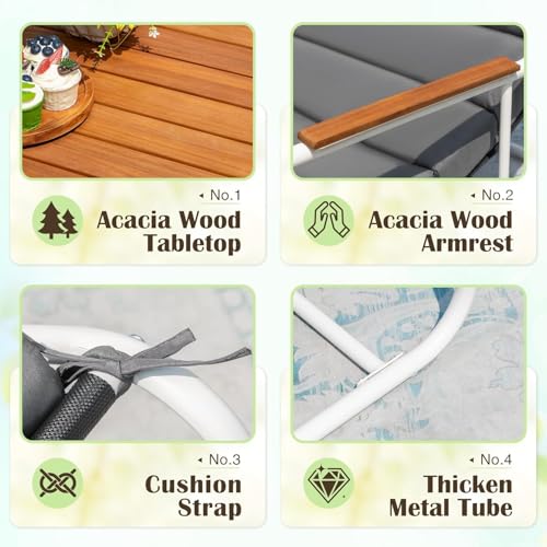 Devoko 3-Piece Patio Furniture Set 2 All-Weather Teslin Chaise Lounge Chairs with Acacia Wood Side Table for Porch, Poolside, Backyard Outdoor Lounge (Grey)