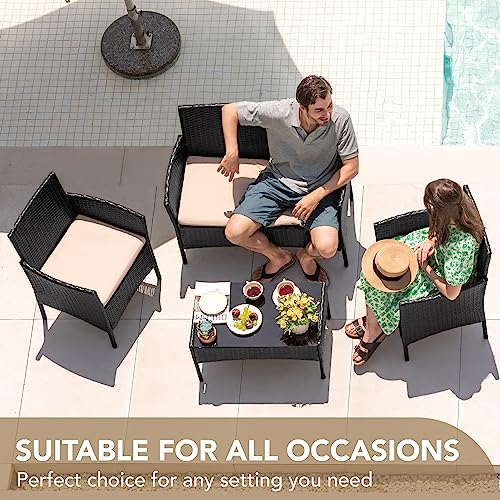 Devoko 4 Pieces Patio Porch Furniture Sets PE Rattan Wicker Chairs Beige Cushion with Table Outdoor Garden Patio Furniture Sets (Black)
