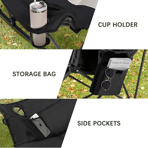 Unisakey Oversized Rocking Camping Chair with Headrest & Cup Holder - 400lbs Capacity, 600D Oxford Fabric, Easy Fold Portable Outdoor Rocker Chair for Camping, Backyard, Beach, Light Gray