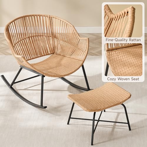 ONBRILL Papasan Rocking Chair with Ottoman,Oversized Papasan Chair with Padded Cushion, Indoor & Outdoor Rocker Chair for Living Room, Patio, Garden, Beige