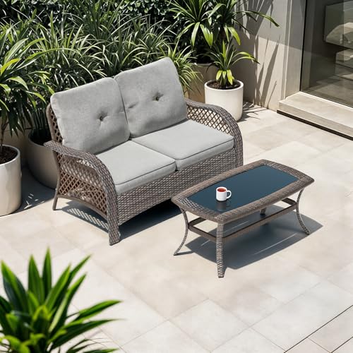 Magshion Outdoor Patio Loveseat Set, 2 Seat Sofa Furniture Set with Soft Cushions and SideTable, All-Weather Rattan Conversation Couch for Backyard, Balcony, and Deck, Grey