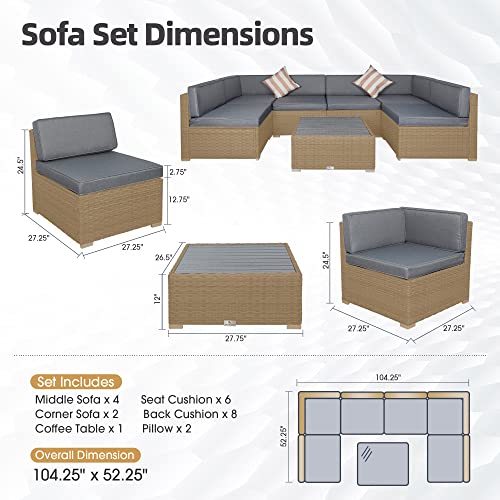 Welpatio Outdoor Patio Furniture Sets, 7 Pieces PE Rattan Wicker Outdoor Sectional Sofa Patio Conversation Set with Cushions and Coffee Table, Light Gray/Gray