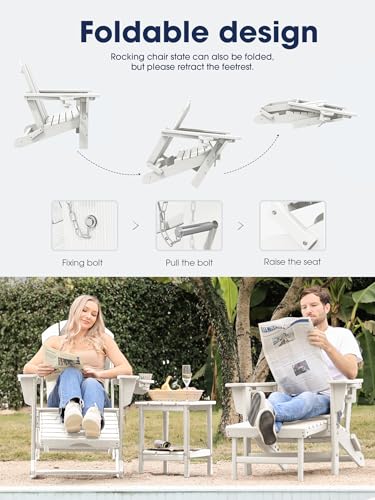 KINGYES Adirondack Rocking Chair Set of 2 with Retractable Ottoman and Cup Holders, HDPE Adirondack Rocker Patio Rocking Chair for Porch, Patio, Balcony, White