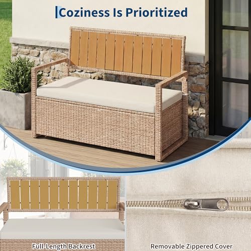 Outdoor Storage Bench with Cushion, 2-Person All-Weather PE Rattan Patio Bench with Backrest & Armrests, Waterproof Wicker Deck Box Seat for Garden, Porch, Poolside & Backyard, Metal Frame，Yellow