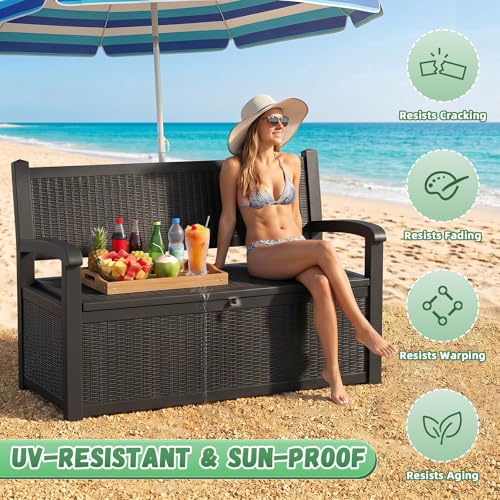 MAIUSCOLI 80 Gallon Outdoor Storage Bench Waterproof Resin Lockable UV Resistant Deck Box Benches Furniture Outside Porch Patio Pool Garden Tool Cushion Black