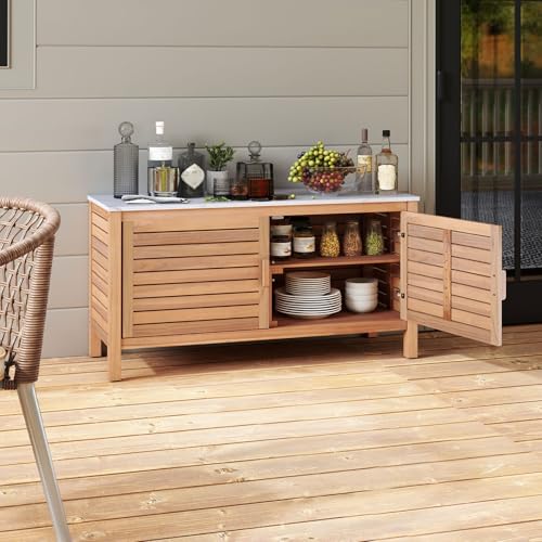 Goplus Patio Storage Cabinet, 2-Door Acacia Wood Console Table with Faux Marble Top, Outdoor Wooden Sideboard for Deck, Garden, Backyard & Entryway