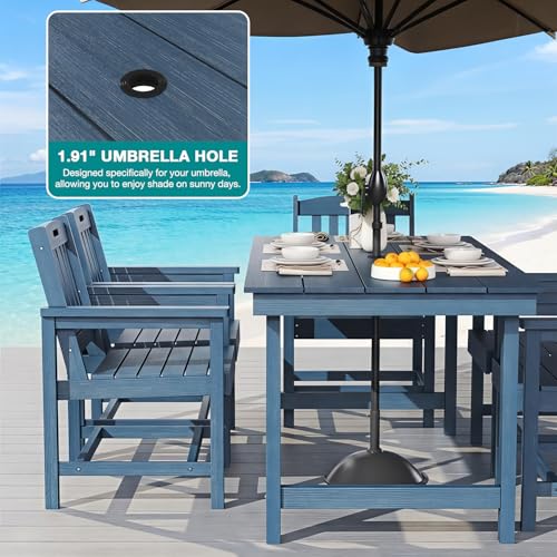 Mdeam 7-Piece HIPS Outdoor Dining Set, 66.9" Patio Table with Umbrella Hole, 440LBS Capacity, 6 Wider Chairs, Dining Table Set for 6, Indoor Outdoor Furniture with Galvanized Steel Frame, Navy Blue