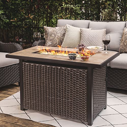 Nuu Garden Outdoor 43" 50,000 BTU Propane Gas Fire Pit Table, Ceramic Tabletop and Rattan Weaved Iron Frame, Water-Proof Oxford Cover, Glass Wind Guard, Glass Beads, Lid Included, Dark Brown & Coffee