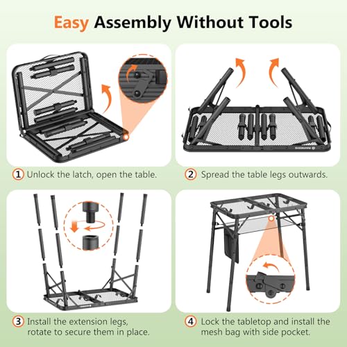 Folding Grill Table for Outside, 3 Height Adjustable Small Camping Table with Mesh Bag, Metal Aluminum Folding Table, 23.62 x 15.75 inches, Portable Grill Stand for Picnic, Camping, BBQ, Beach, Black