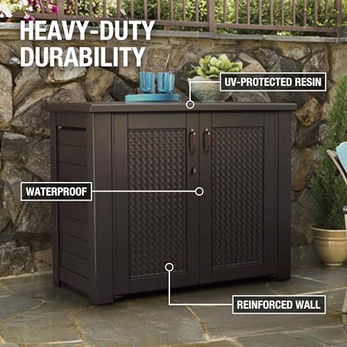 Rubbermaid Decorative Outdoor Storage Cabinet (123 Gal), Weather Resistant, Brown, Organization for Home/Backyard/Pool Chemicals/Toys/Garden Tools/Porch/Patio Cushions