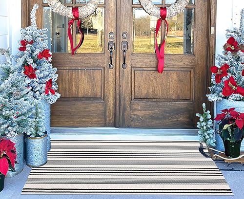 Black and White Striped Outdoor Rug 24'' x 51''Farmhouse Front Porch Rug Hand-Woven Machine Washable Layered Door Mats for Entryway/Bedroom/Patio/Porch Decor