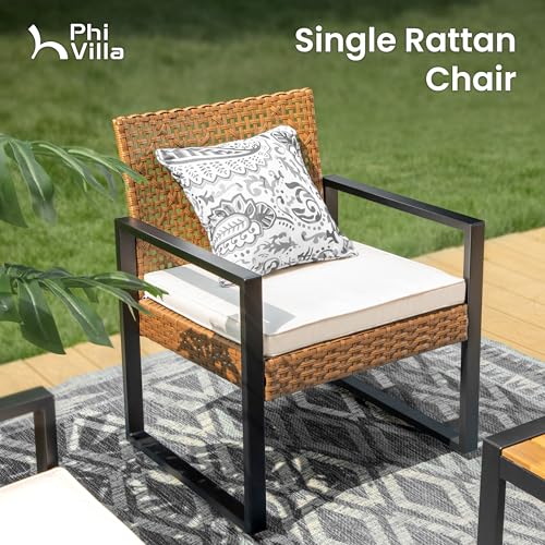 PHI VILLA Wicker Patio Furniture Set for 4, Rattan Loveseat & Chairs with Beige Cushions & Acacia Wood Coffee Table, Outdoor Modern Sectional Conversation Sofa Set for Deck, Yard, Porch
