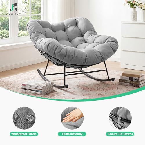 JEAREY Outdoor Papasan Rocking Chair, Oversized Patio Rocker, Comfy Egg Chair for Bedroom, Living Room, Garden, Porch, Lawn, Grey