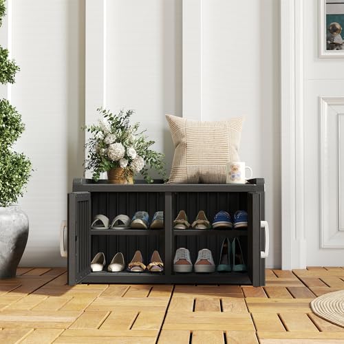 NBYSGO 2-Tier Storage Bench, Waterproof UV-Resistant Outdoor Shoe Storage Cabinet with 2 Doors & Adjustable Shelves for Indoor Outdoor Entryway, Hallway, Living Room (Black)
