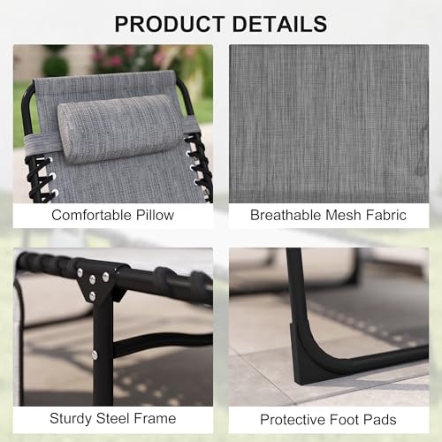 Outsunny Folding Chaise Lounge Chair Outdoor, Sun Tanning Chair with Side Pocket, Carrying Strap, Portable Patio Beach Lounger with 5-Position Reclining Back, Headrest for Pool, Camping, Yard, Gray