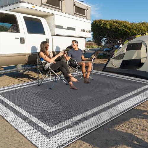 HappyTrends Outdoor Rug Reversible Portable Plastic Straw Camping Rugs for Outside RV,Large Waterproof Outdoor Area Rugs for Patio,Deck,Porch,Balcony(5'x 8',White&Gray)