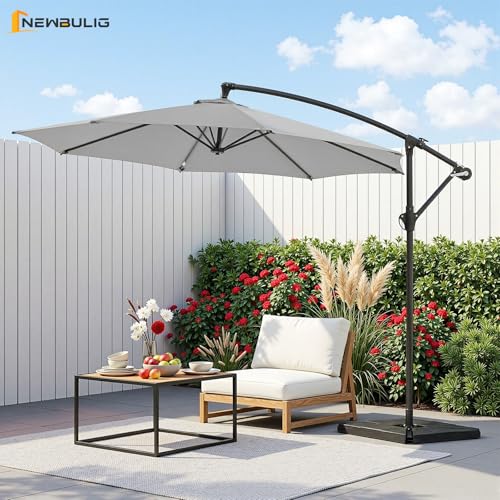 NEWBULIG 10FT Patio Umbrella with Base Included, Offset Cantilever Outdoor Patio Table Umbrella, UV Protection, Fade Resistant Fabric, Easy Tilt Adjustment for Pool, Deck, Garden, Backyard, Gray
