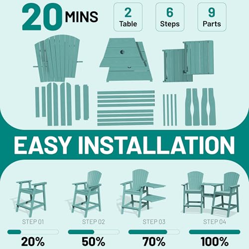 PLUUV Tall Adirondack Chairs Set of 2 with Double Connecting Trays, All Weather HDPE Bar Height Outdoor Chairs, Outdoor Adirondack Barstools with Umbrella Hole for Balcony, Patio, Backyard, Aruba