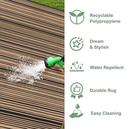 GENIMO Outdoor Rug 5x8 ft Waterproof, Reversible Plastic Straw Patio Rug for RV Camping Mat, Deck, Backyard Balcony Mat - Lightweight & Easy to Clean, BlackBrown