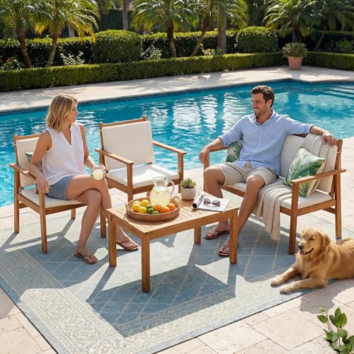 Devoko Patio Furniture 4 Piece Acacia Wood Outdoor Conversation Sofa Set with Table & Cushions Porch Chairs for Garden, Deck, Backyard, Natural