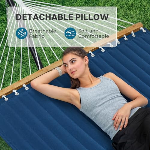 SUPERJARE Hammock with Stand, 2 Person Quilted Outdoor Hammock, Detachable Pillow & Bamboo Spreaders, Portable Hammock with Carrying Bag, Heavy Duty Stand, Perfect for Outside, Patio, Navy Blue