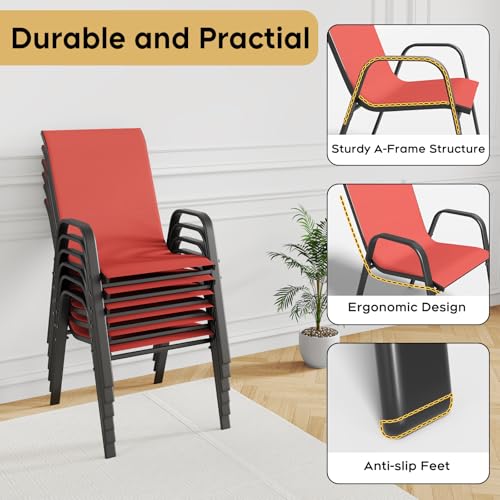 Patio Dining Chairs Set of 6 Outdoor Stackable Dining Chairs for All Weather 350lbs Capacity Heavy Duty Textilene Fabric Rustproof Metal Frame Patio Furniture for Backyard Garden Poolside ( Red )