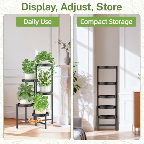 iDavosic.ly Plant Stand Indoor Outdoor, 5 Tier Corner Metal Flower Display Holder Shelf, Folding Tall Orchid Rack for Patio Balcony Porch Garden Living Room House, Black