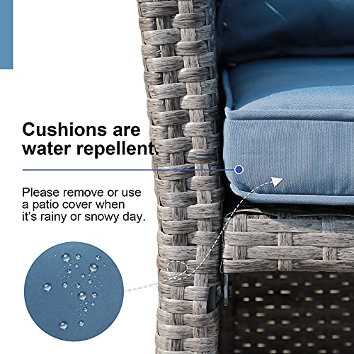 OC Orange-Casual 2-Piece Outdoor Patio Furniture Wicker Love-seat and Coffee Table Set, with Built-in Storage Bin, Grey Rattan, Navy Blue Cushions
