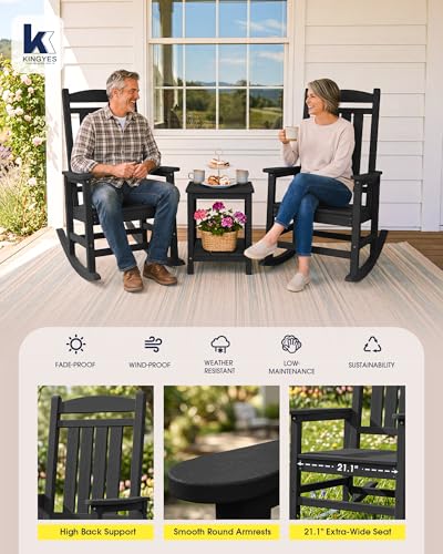 KINGYES Oversized Outdoor Rocking Chair Set of 2, High Density Polyethylene Patio Rocking Chairs with 350lbs Support for Adults,Porch Recliner Rocker, Black
