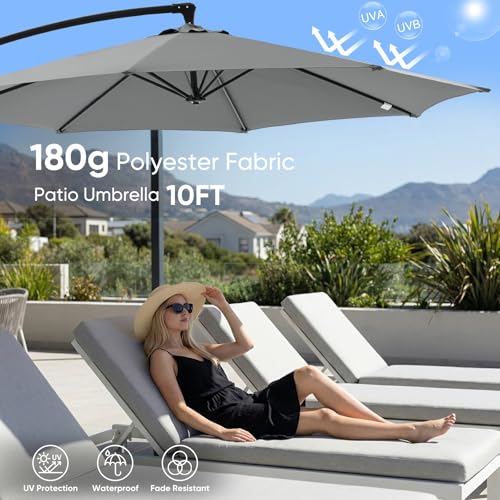 NEWBULIG 10FT Patio Umbrella with Base Included, Offset Cantilever Outdoor Patio Table Umbrella, UV Protection, Fade Resistant Fabric, Easy Tilt Adjustment for Pool, Deck, Garden, Backyard, Gray