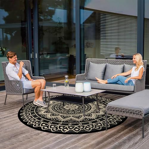 Round Outdoor Rugs for Patios, 6Ft Waterproof Reversible Plastic Straw Mat with Carry Bags, Boho Lightweight Outdoor Carpet Portable Round Floor Mat for Patio Camping Picnic Backyard RV,Black Camel
