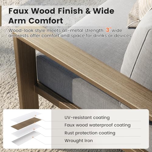 UDPATIO 6 Piece Patio Furniture Set, Faux Wood Metal Outdoor Sectional Sofa with 6" Thick Olefin Cushions, Wide Armrest & Coffee Table, L Shaped Outdoor Furniture for Garden, Backyard Dark Grey
