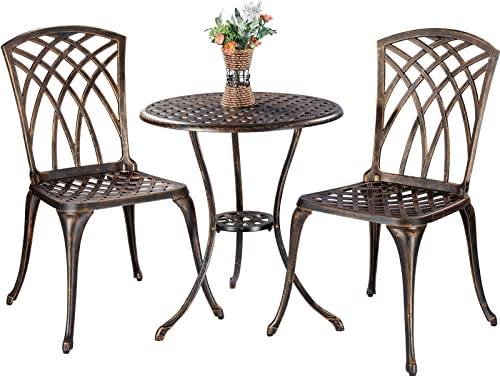 ZOTORUN Bistro Set 3 Piece Cast Aluminum Patio Furniture Sets 2 Chairs and 1 Round Table with Umbrella Hole for Outdoor, Patio Balcony, Bronze