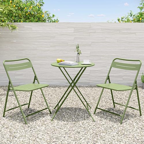 LAUSAINT HOME 3-Piece Steel Folding Bistro Set, Premium Weather-Resistant Patio Table & 2 Chairs for Balcony, Garden, Yard, Poolside & Indoor (Round, Green)
