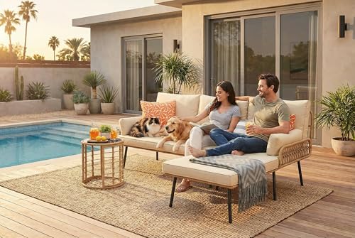 Gizoon 3-Piece Outdoor Patio Furniture Set, All-Weather PE Wicker L-Shaped Conversation Sofa with Thick Cushions & Glass Table, for Backyard, Porch, Balcony, Poolside (Beige)