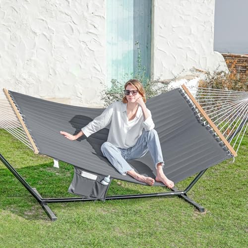 GAFETE 2 Person Hammock with Stand for Outside, Heavy Duty Steel Stand, 55inch Double Hammocks, Large Removable Pillow, Storage Bags, Max 475 lbs Capacity (Haze Gray)