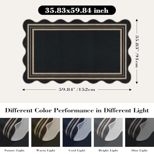 LORWER Scalloped Easy Jute 3x5 Outdoor Rug, Washable Rugs for Entryway Black Front Door Mat, Farmhouse Neutral Non Slip Indoor Carpet for Patio Living Room Backyard