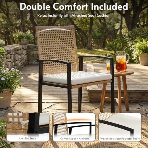 Rotihom 7-Piece Outdoor Dining Set for 6, Patio Dining Set with Hand-Woven Wicker Chairs & Cushions, 60" x 33" x 30" Wider Aluminum Woodgrain Table for Deck, Garden, Backyard