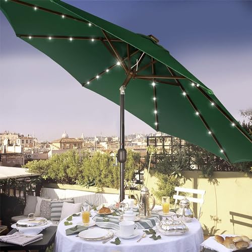 Blissun 9 ft Solar Umbrella, 32 LED Lighted Patio Umbrella, Table Market Umbrella, Outdoor Umbrella for Garden, Deck, Backyard, Pool and Beach (Dark Green)