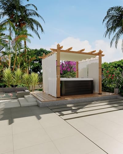KYBOLT 10x10 Ft Outdoor Pergola with Retractable Canopy Metal Gazebo Imitation Wood-Grain Column with Side Mesh Screen Modern Pavilion for Backyard(Beige+White)