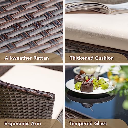 Devoko 4 Pieces Outdoor Patio Furniture Set, PE Rattan Wicker Chairs Balcony Lawn Porch Patio Furniture Sets with Beige Cushion and Table (Brown)